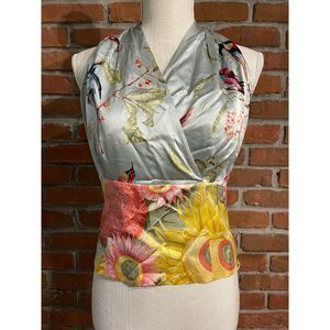DONCASTER 100% SILK Floral Birds Halter top sz 2